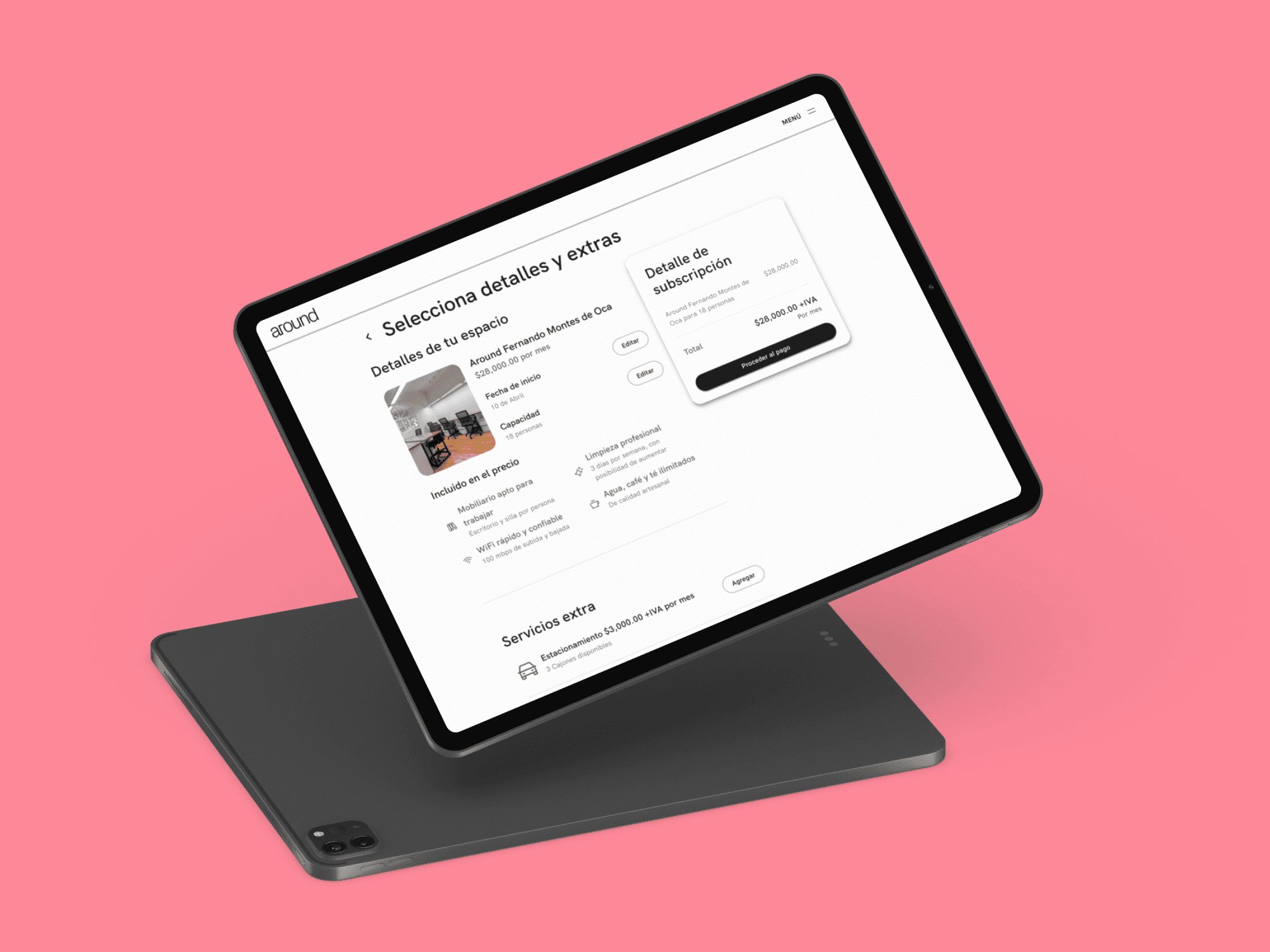 La pantalla de extras de la reserva de Around en una tableta, sobre rosa