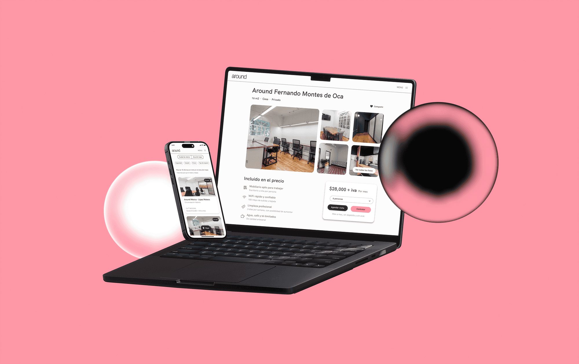 Una oficina de Around en una laptop y un teléfono, sobre rosa