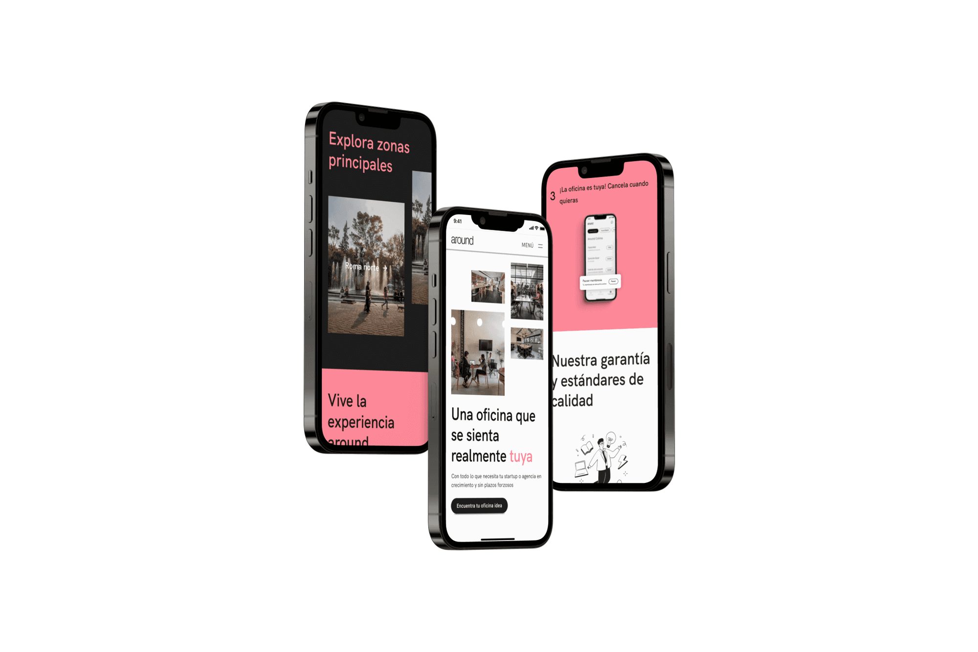 Tres teléfonos con páginas de oficinas de Around