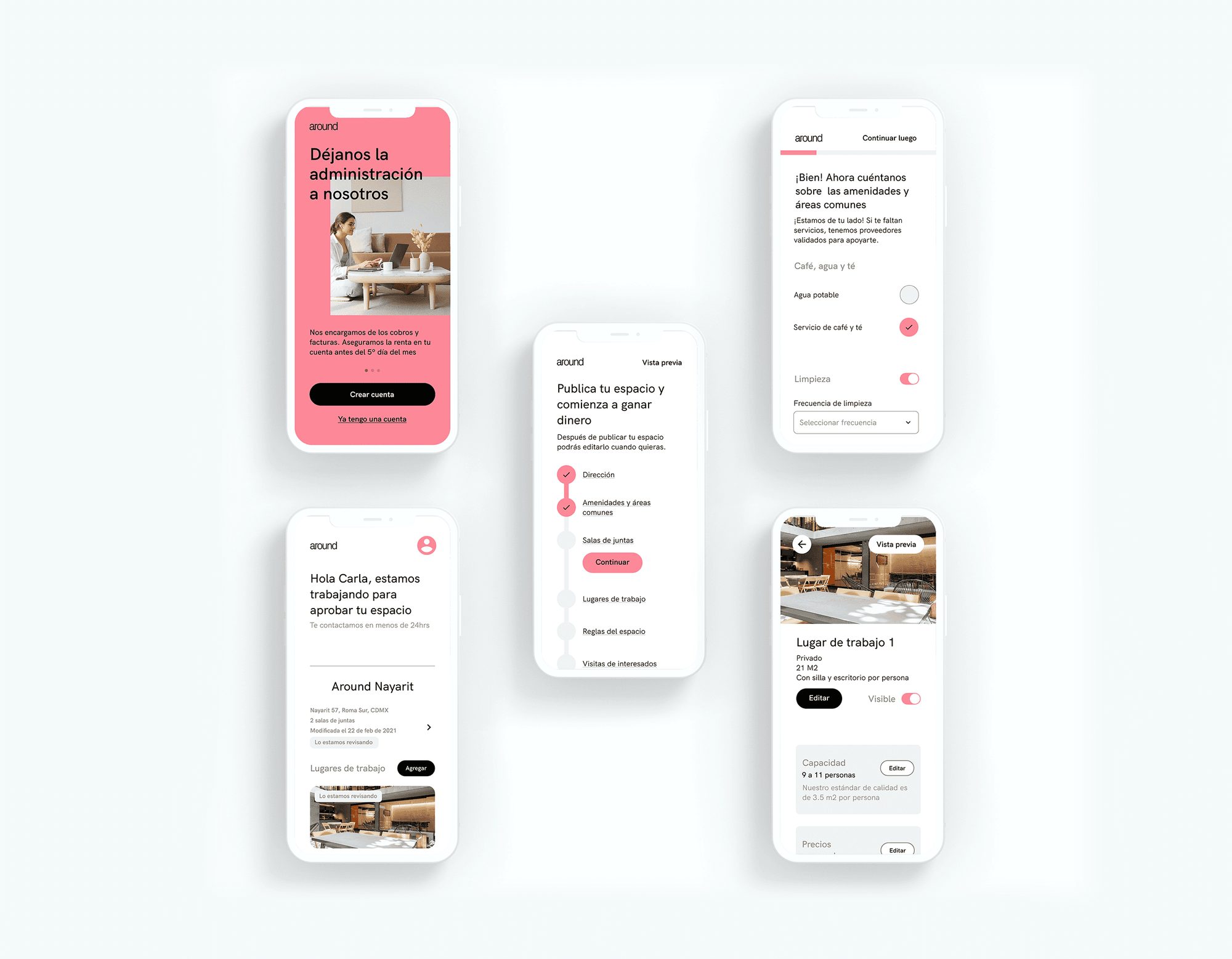 Seis pantallas de la app de Around, una junto a otra