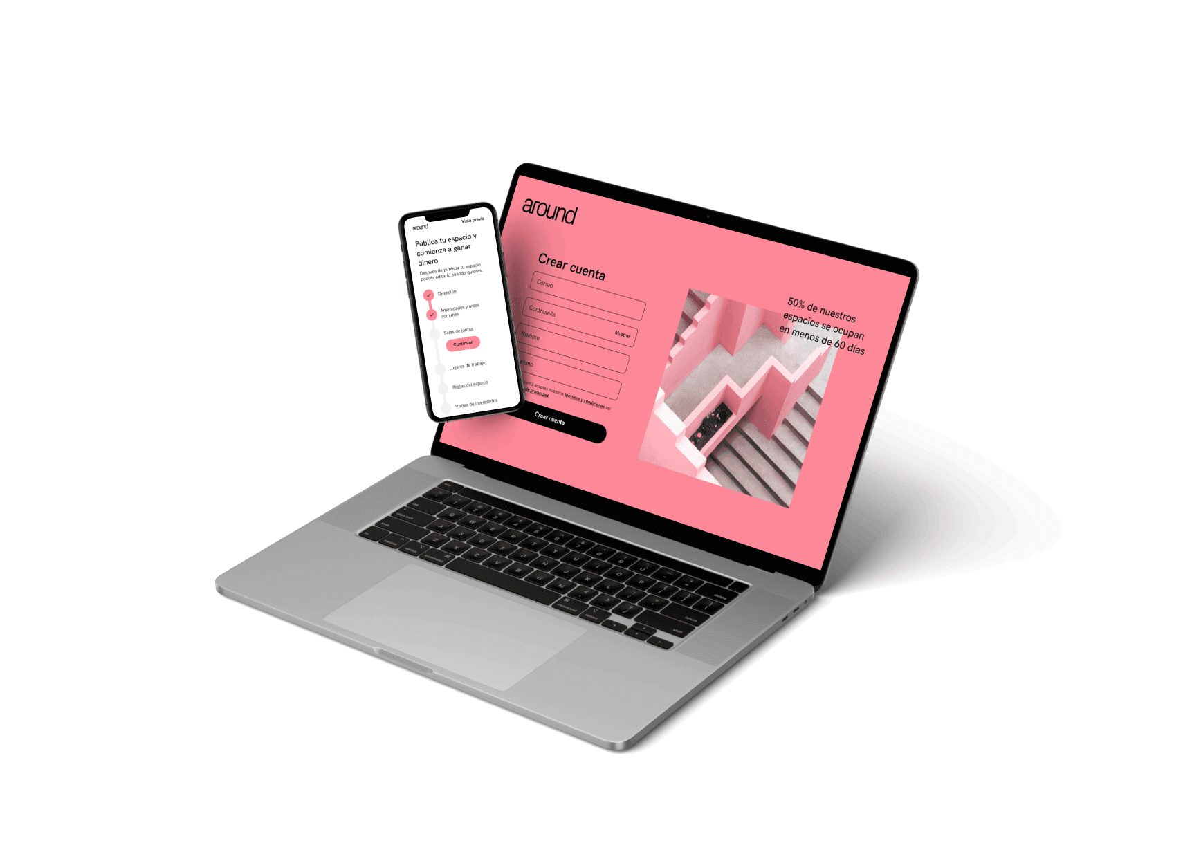 El registro de Around en una laptop y un teléfono