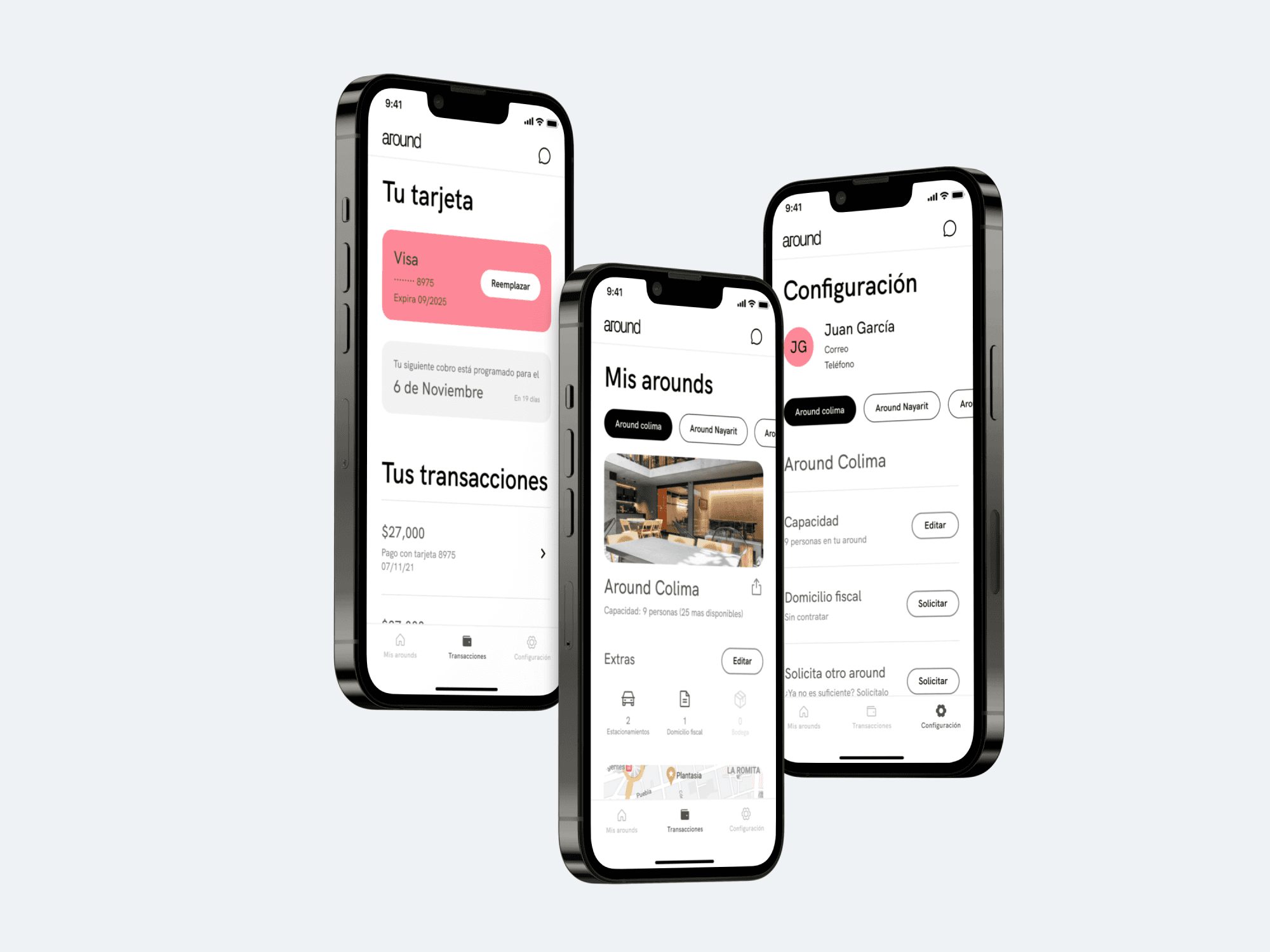 Tres teléfonos con la tarjeta, las oficinas y los ajustes de Around