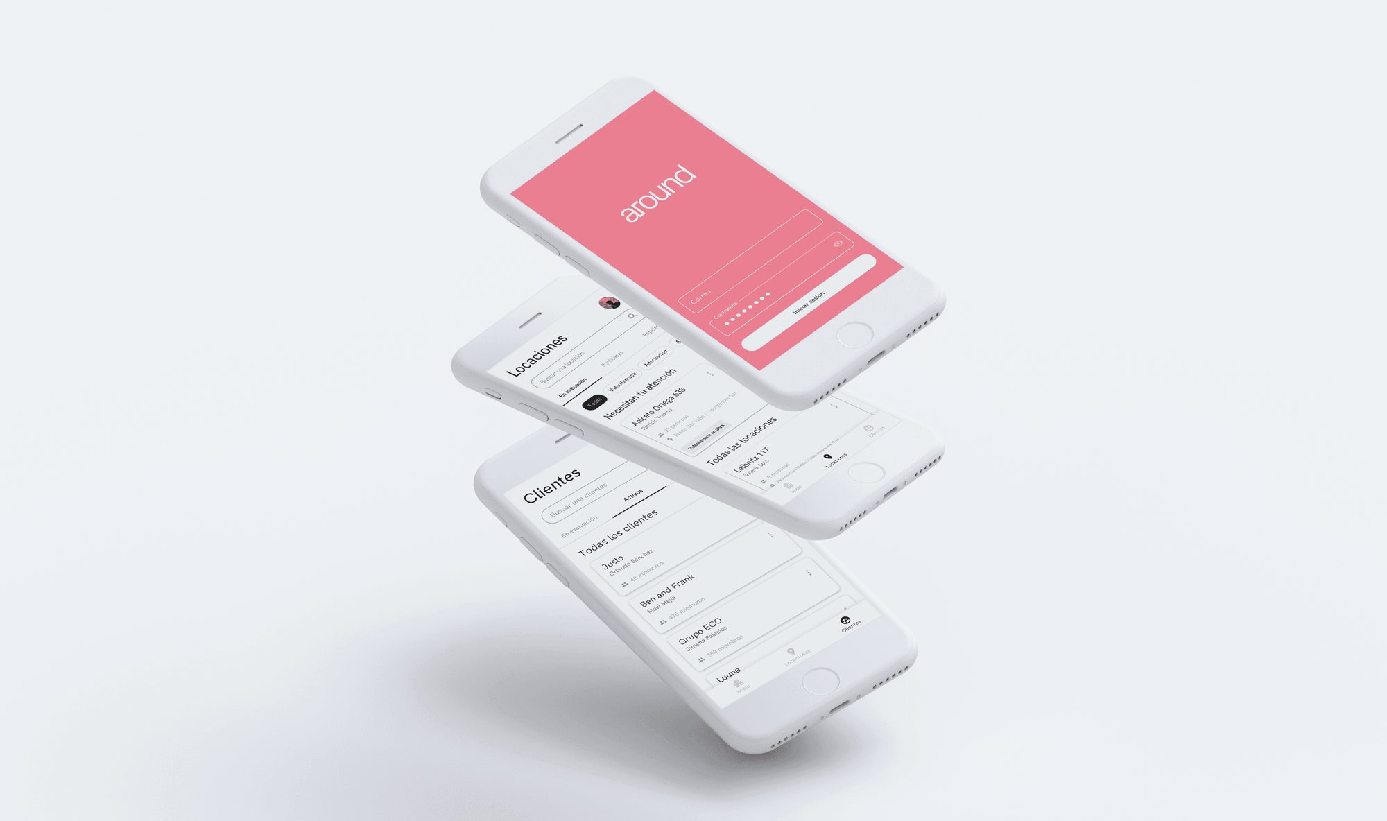 Una pila de pantallas de la app de Around flotando en blanco