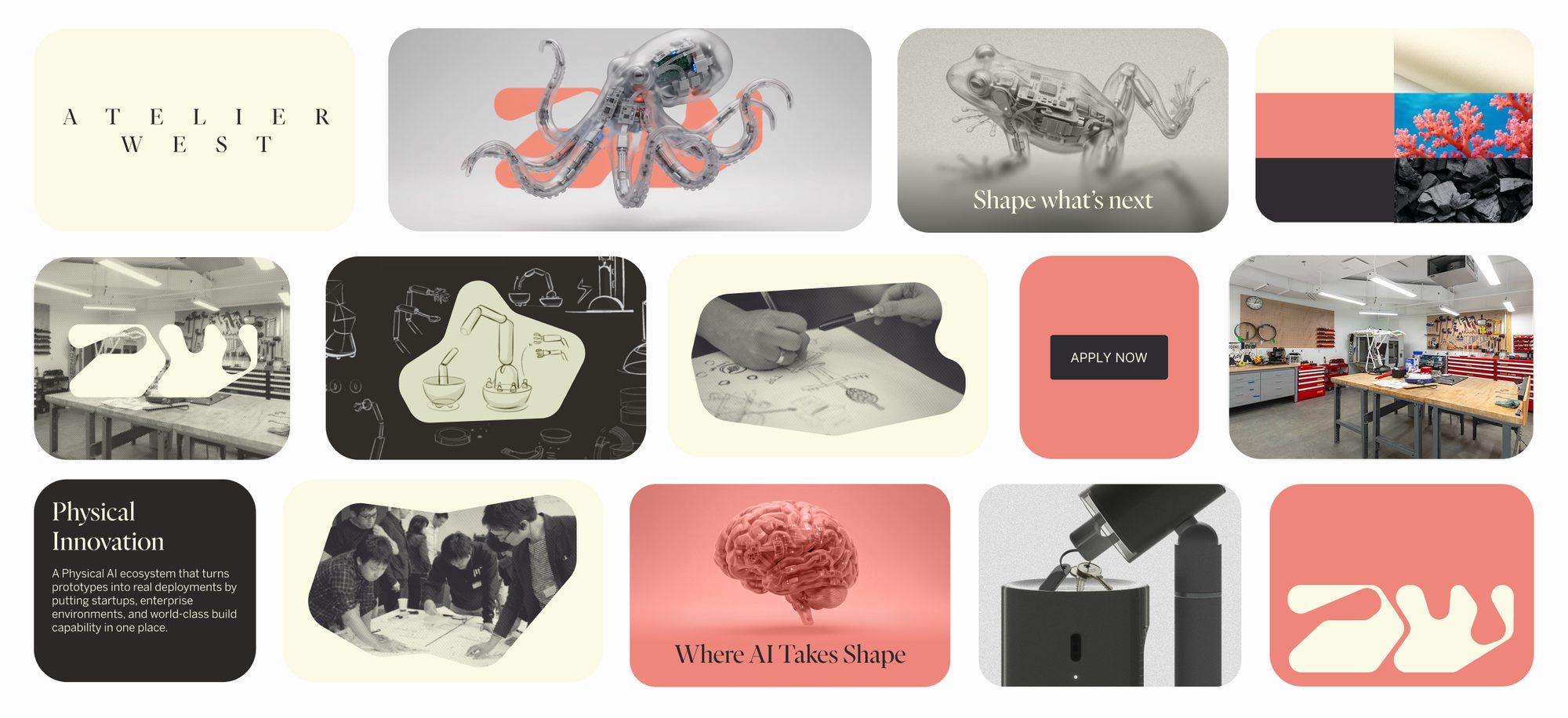 La marca Atelier West: el logotipo, el monograma AW, animales robóticos con cuerpos suaves y translúcidos, una paleta de crema, coral y carbón, y los espacios del laboratorio
