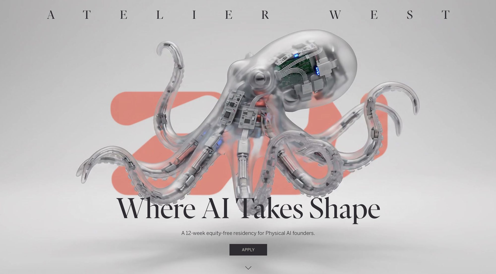La página de inicio de Atelier West: un pulpo robótico translúcido sobre el monograma AW en coral, Where AI Takes Shape