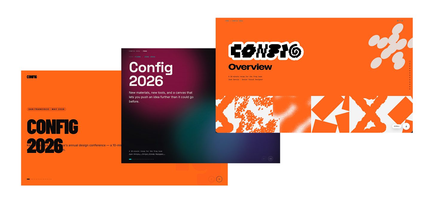 Tres direcciones probadas para la apertura del resumen: un título CONFIG 2026 audaz en naranja, un degradado oscuro con Config 2026, y la versión final en naranja, Overview con el logotipo de Config