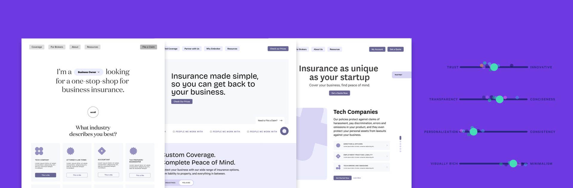 Tres direcciones de página de inicio exploradas para Embroker, junto a sliders que ubican la marca entre confianza e innovación, transparencia y concisión, personalización y consistencia, visualmente rica y minimalista