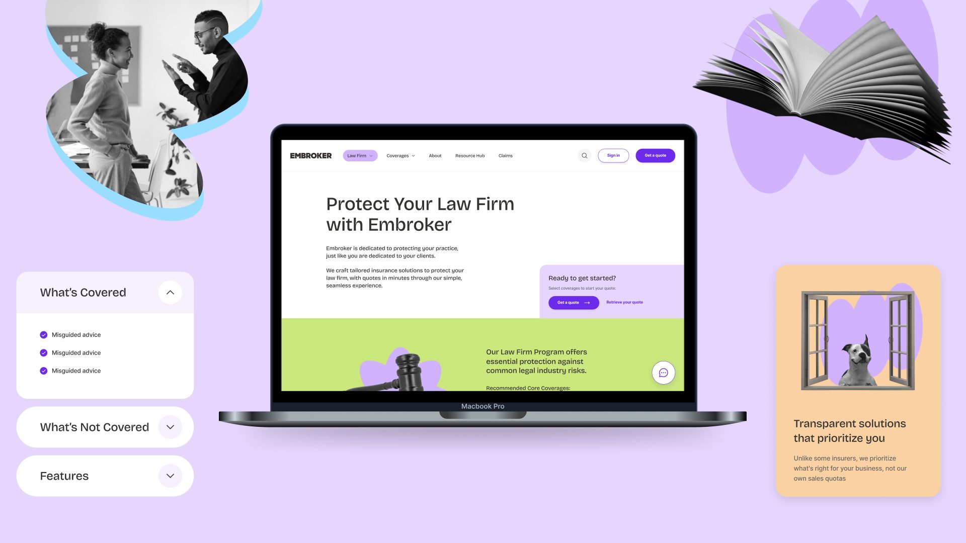 La página Protect Your Law Firm en una laptop, entre fotos recortadas, un libro abierto y tarjetas de coberturas y valores, sobre lila