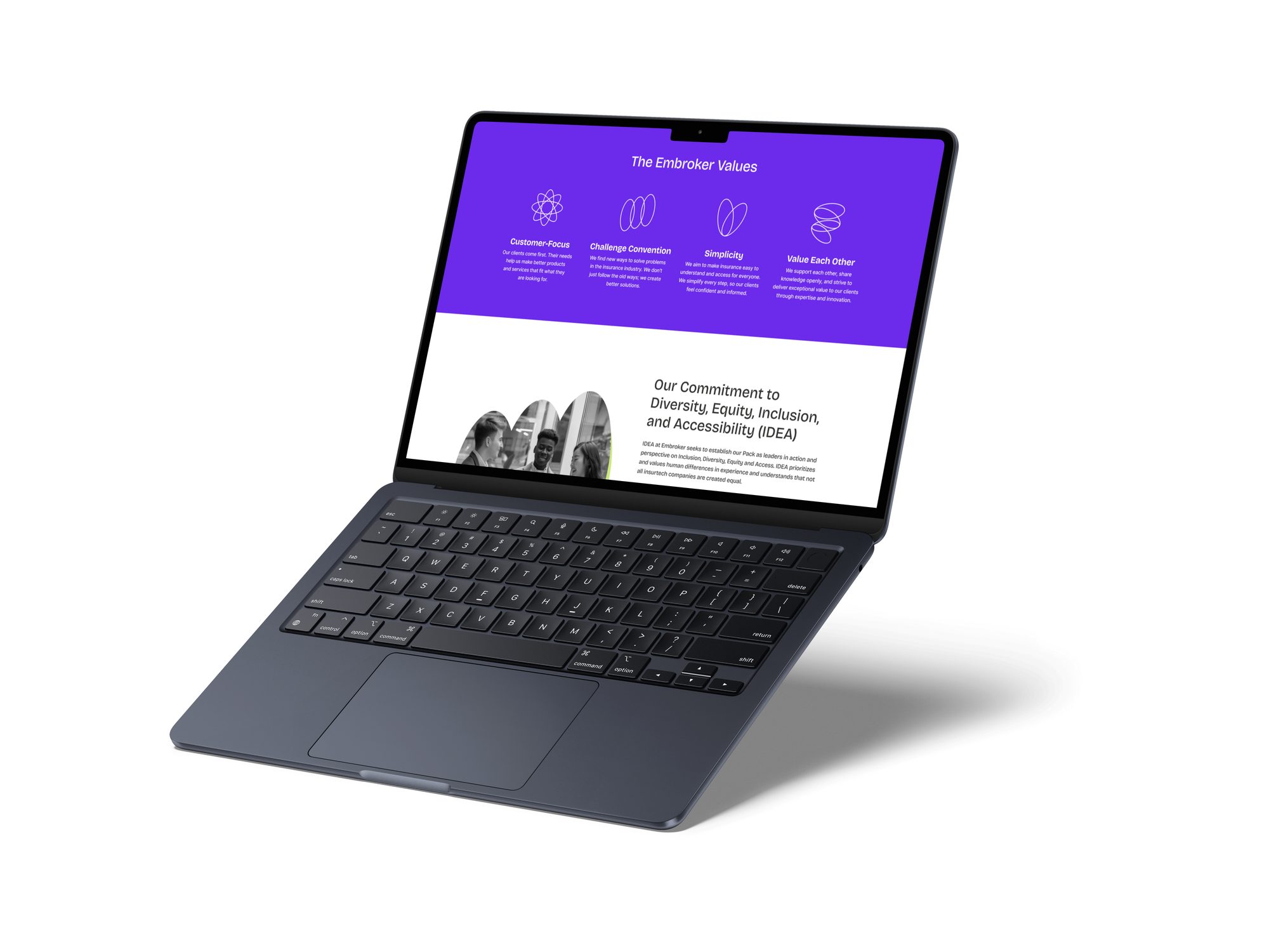 La página de valores de Embroker en una laptop: Customer-Focus, Challenge Convention, Simplicity, Value Each Other