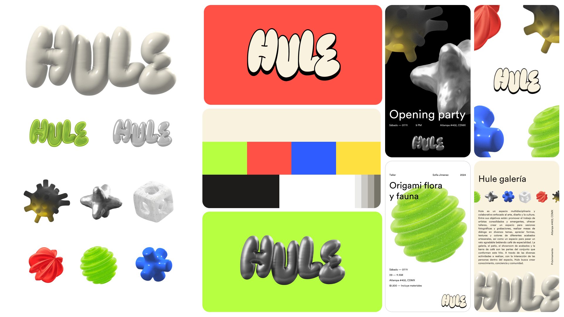 La marca Hule: el logotipo inflado en crema, lima y cromo, formas 3D, la paleta, y los pósters de la fiesta de apertura, el taller y la galería