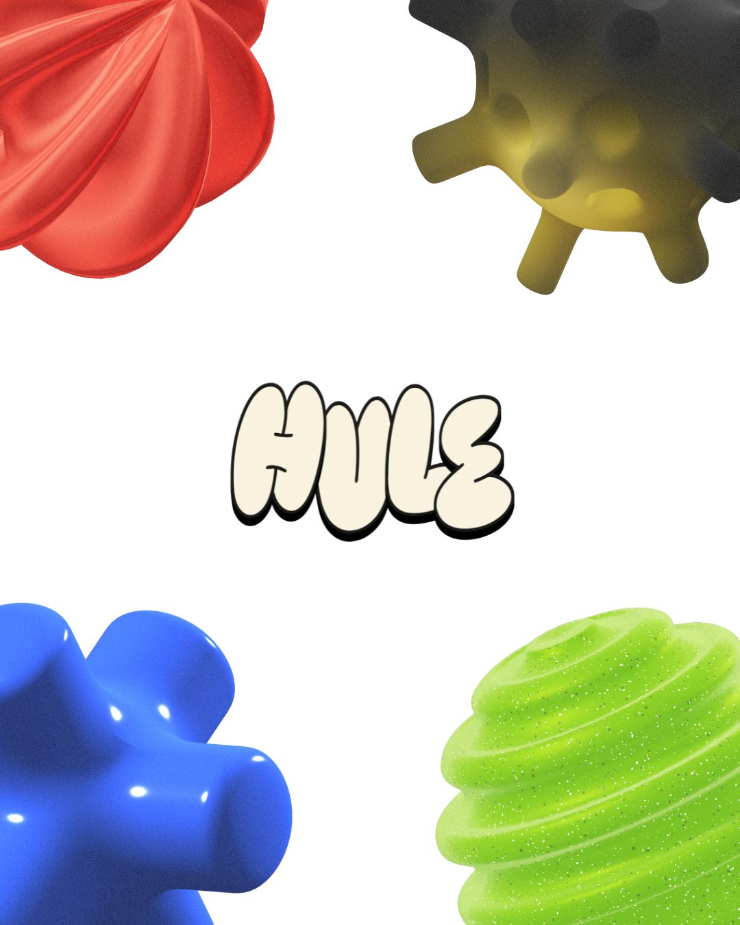 Póster de Hule: el logotipo HULE en crema entre formas 3D rojas, amarillas, azules y verdes, sobre blanco