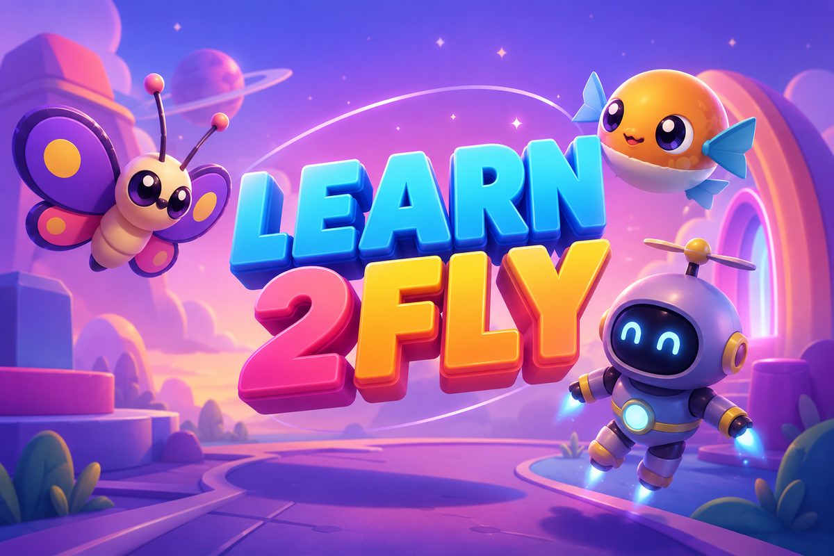 El arte del título de Learn 2 Fly: una mariposa, un pez y un pequeño robot volador alrededor del logo, en el mundo morado del Espacio