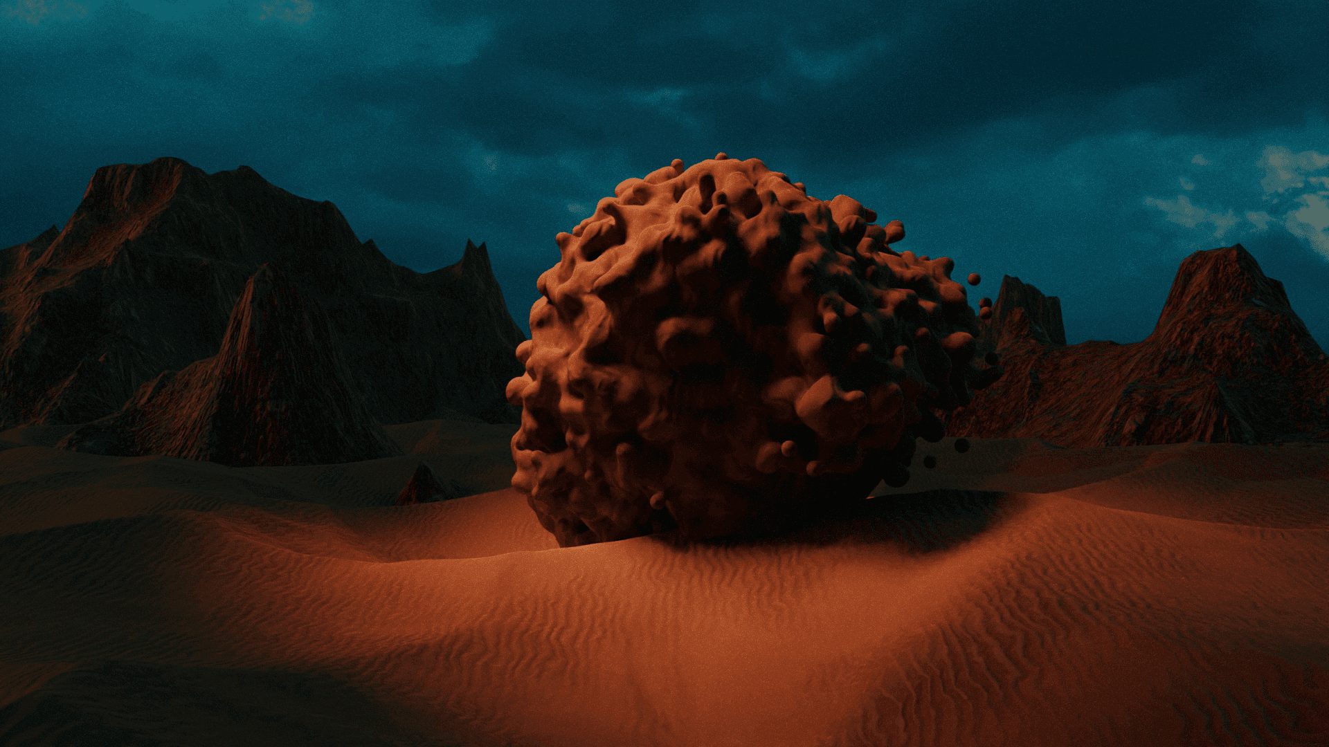 Una esfera rugosa de terracota en un desierto de dunas rojas, bajo un cielo oscuro