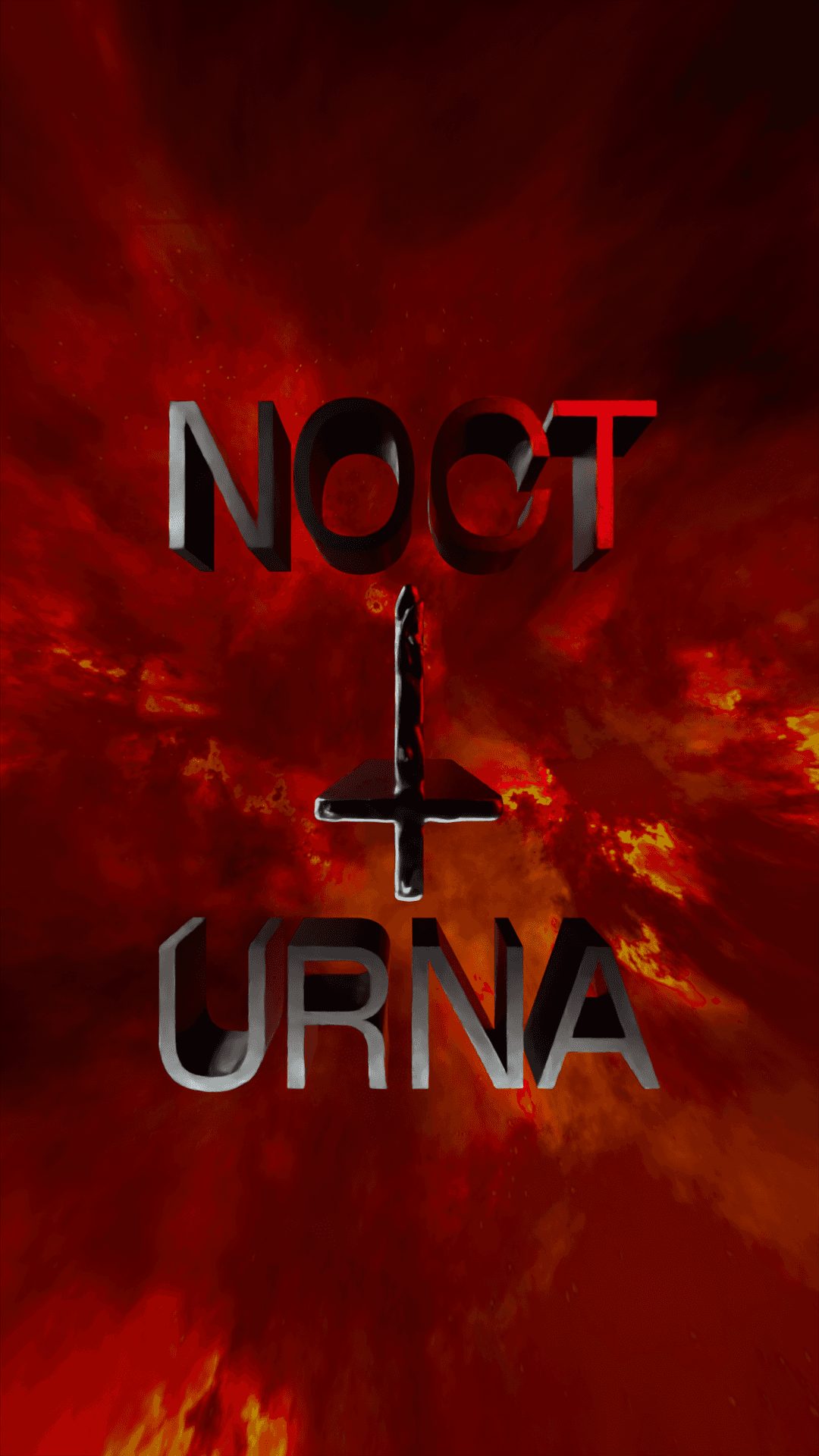 El título Nocturna en letras de cromo con una cruz, sobre fuego rojo
