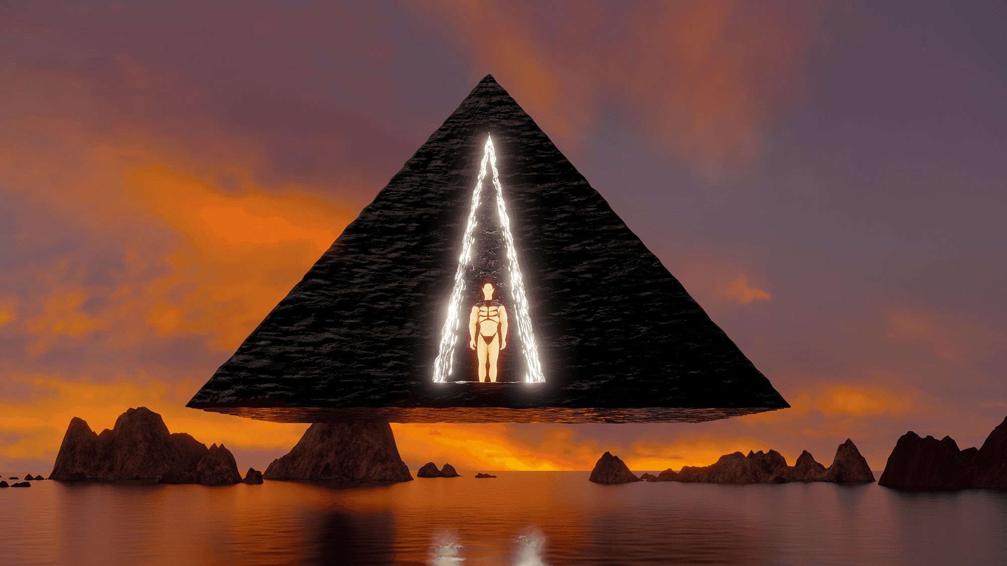 Una figura luminosa dentro de una pirámide oscura flotante, sobre el mar al atardecer