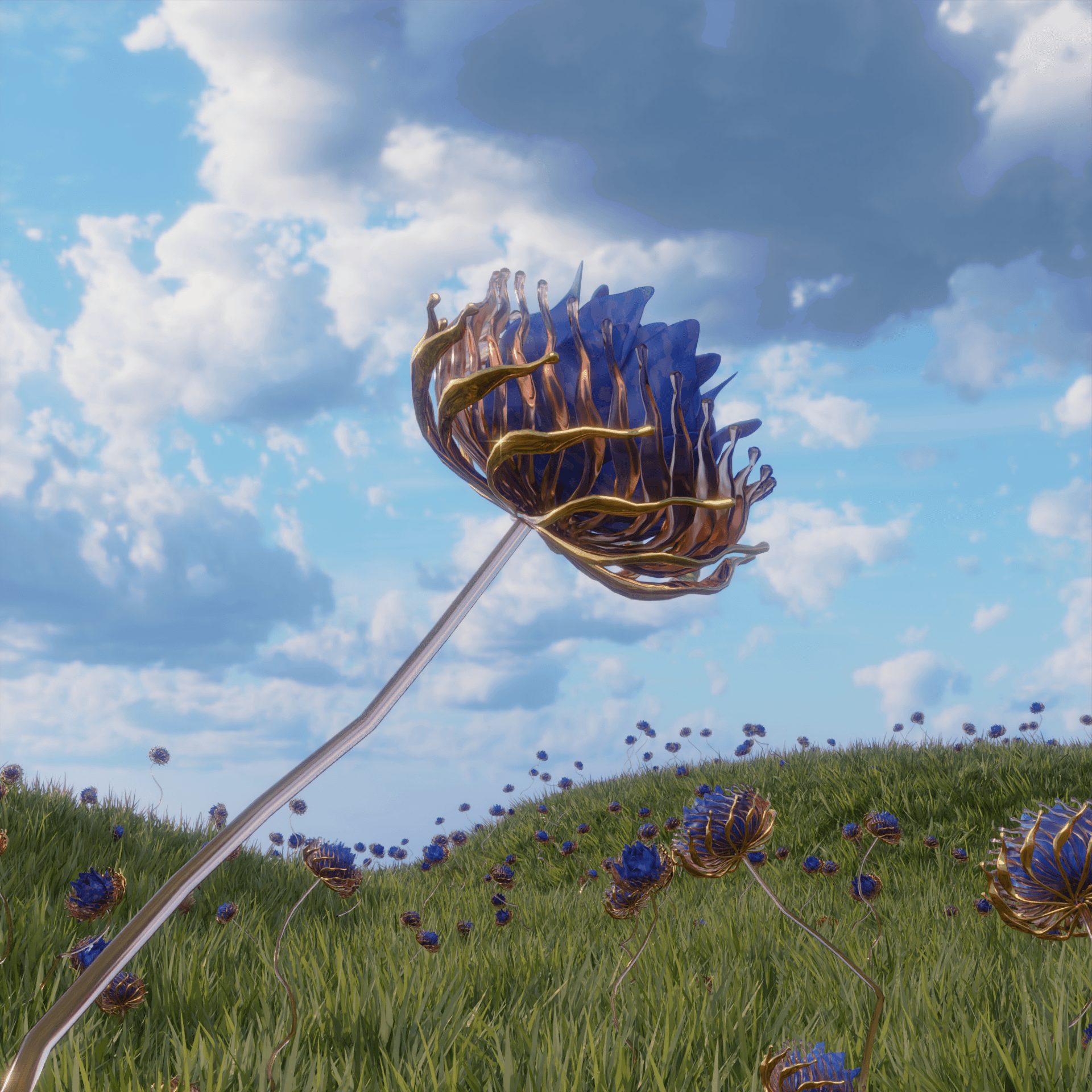 Una flor gigante de cromo sobre una colina de pasto