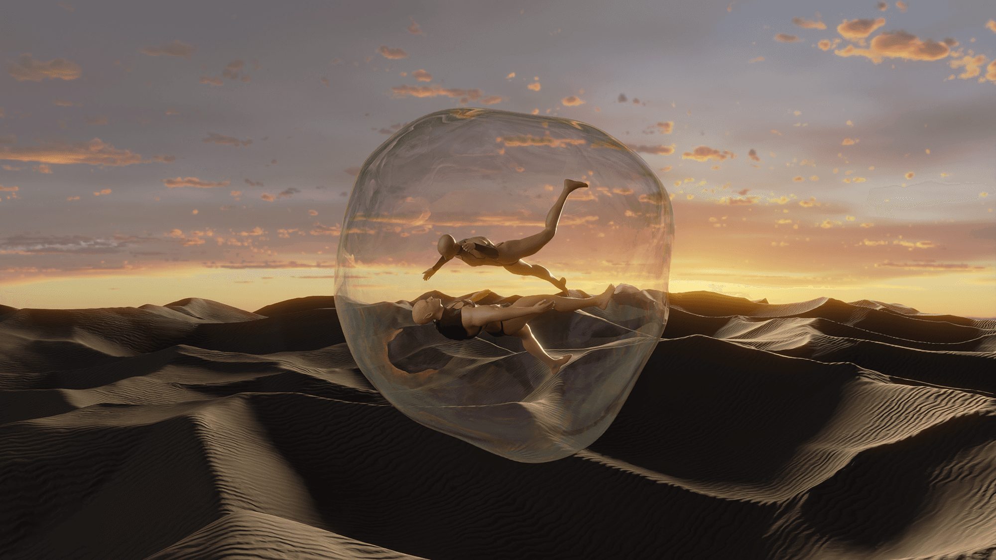 Una burbuja de vidrio con dos elfos flotando sobre las dunas al atardecer