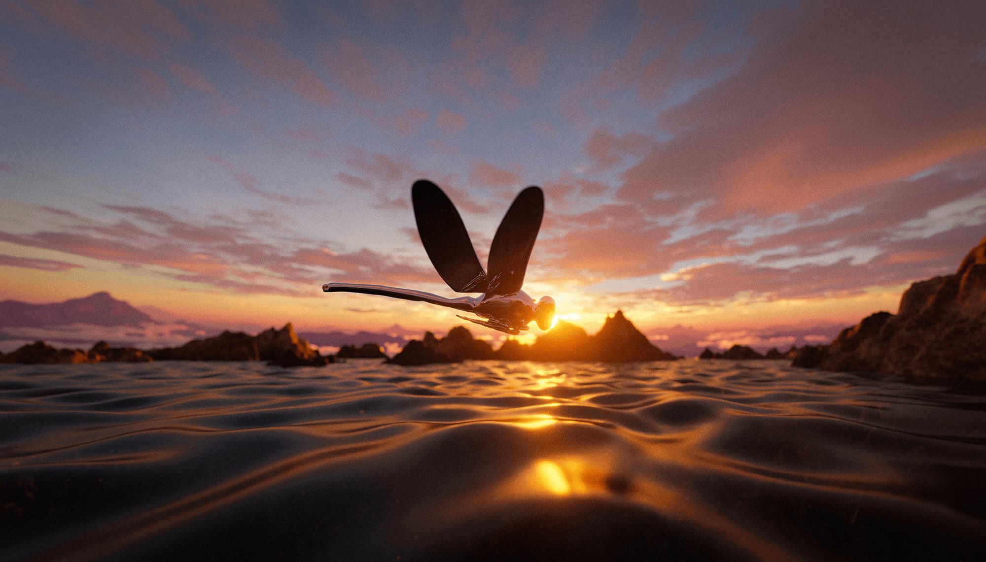Una libélula volando bajo sobre el agua al atardecer