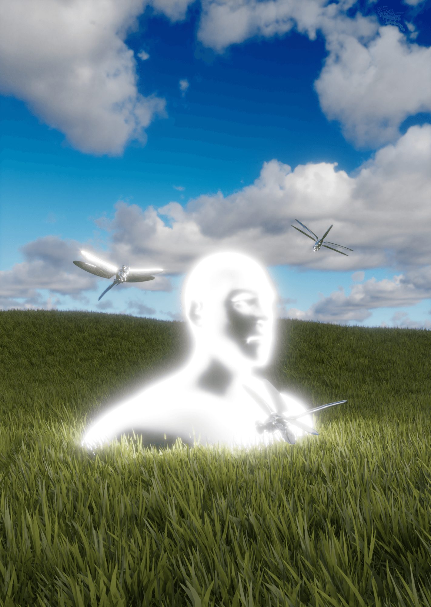 Un busto blanco luminoso en el pasto, con libélulas a su alrededor